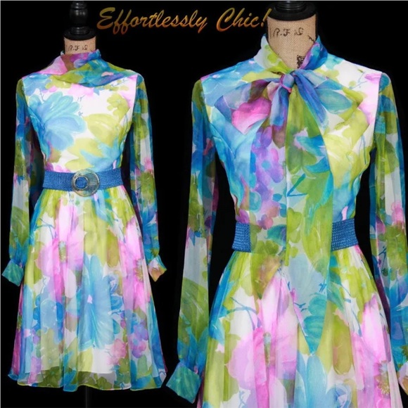 Dresses & Skirts - Vtg 60s 70s Boho Hippie Blue Floral Chiffon dress PROM Wedding Party Jack Bryan